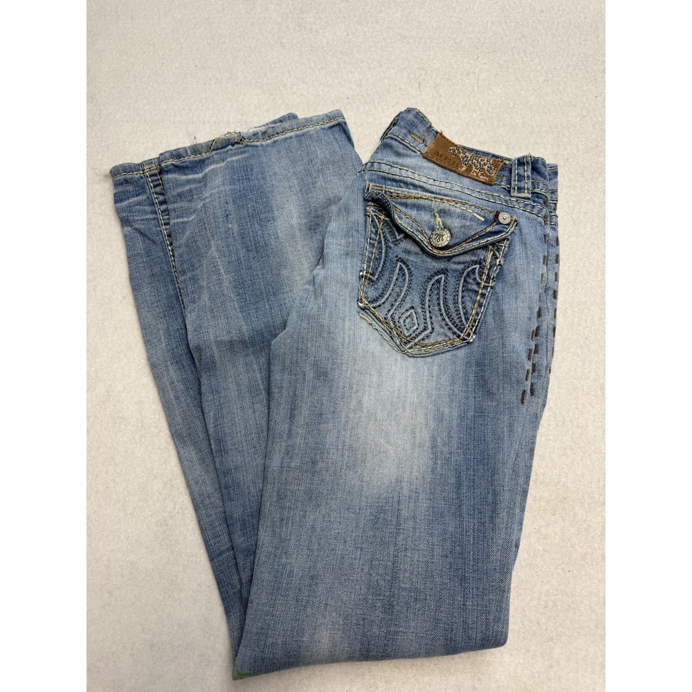 MEK Denim Jeans Womens 27x32 Blue Low Rise Distressed Bootcut Embroidered Buckle